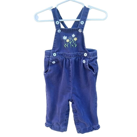 Vintage Y2K Gymboree Flower Overalls Blue Ruffle Snap Crotch 6-12 Months Soft - Picture 1 of 9